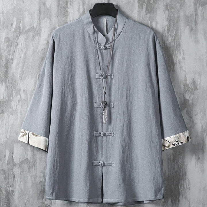 Camisa de lino y algodón para hombre, diseño de media manga con botones de rana y estampado de Buddha Stones, de verano - Gris oscuro - US/UK/AU46, EU56 (5XL) - image 10