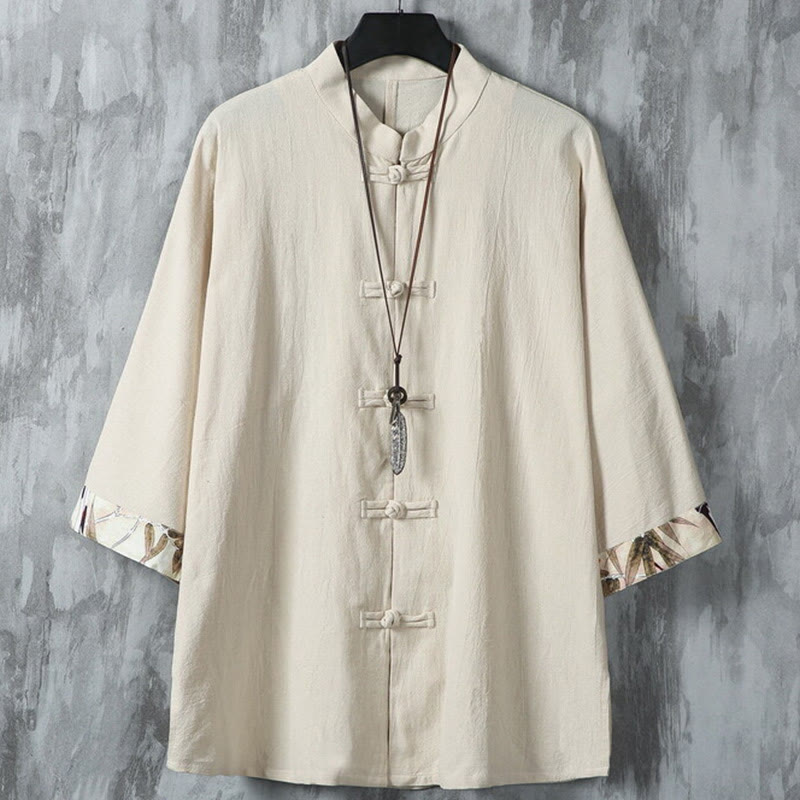 Camisa de lino y algodón para hombre, diseño de media manga con botones de rana y estampado de Buddha Stones, de verano - Beige - US/UK/AU46, EU56 (5XL) - image 12