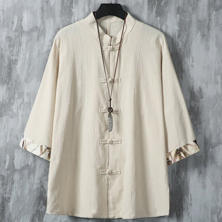 Camisa de lino y algodón para hombre, diseño de media manga con botones de rana y estampado de Buddha Stones, de verano - Beige - US/UK/AU46, EU56 (5XL) - image 12