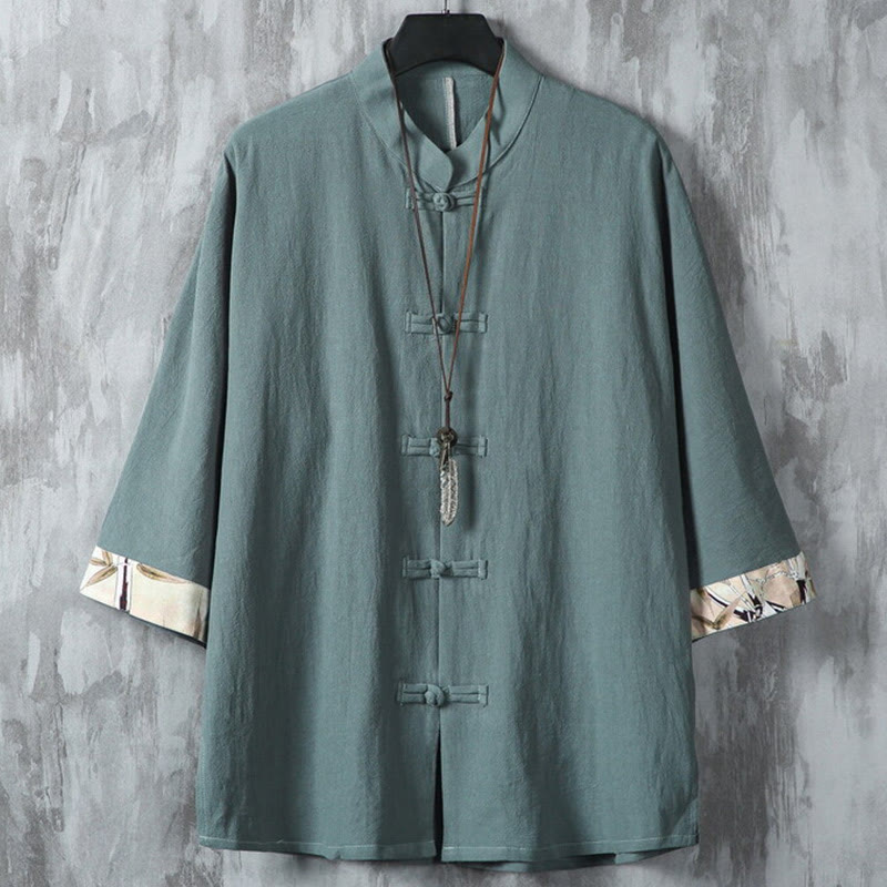 Camisa de lino y algodón para hombre, diseño de media manga con botones de rana y estampado de Buddha Stones, de verano - Azul cadete - US/UK/AU46, EU56 (5XL) - image 0