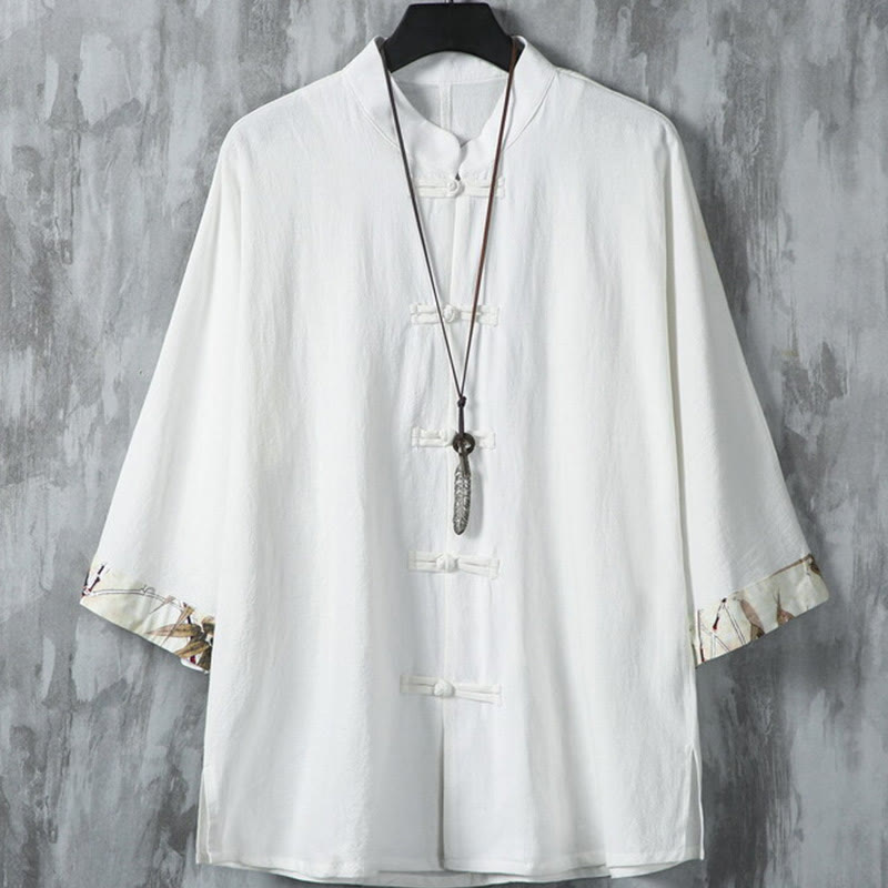 Camisa de lino y algodón para hombre, diseño de media manga con botones de rana y estampado de Buddha Stones, de verano - Blanco - US/UK/AU46, EU56 (5XL) - image 2