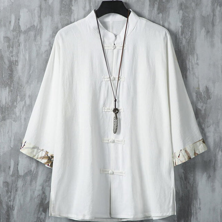 Camisa de lino y algodón para hombre, diseño de media manga con botones de rana y estampado de Buddha Stones, de verano - Blanco - US/UK/AU46, EU56 (5XL) - image 2