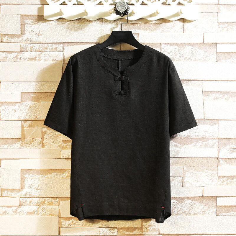 Camisa de lino y algodón de manga corta con botones de rana china de verano para hombre, de color liso, con Buddha Stones - Negro - US/UK/AU46, EU56 (5XL) - image 1