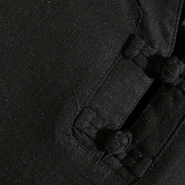Camisa de lino y algodón de manga corta con botones de rana china de verano para hombre, de color liso, con Buddha Stones - image 4