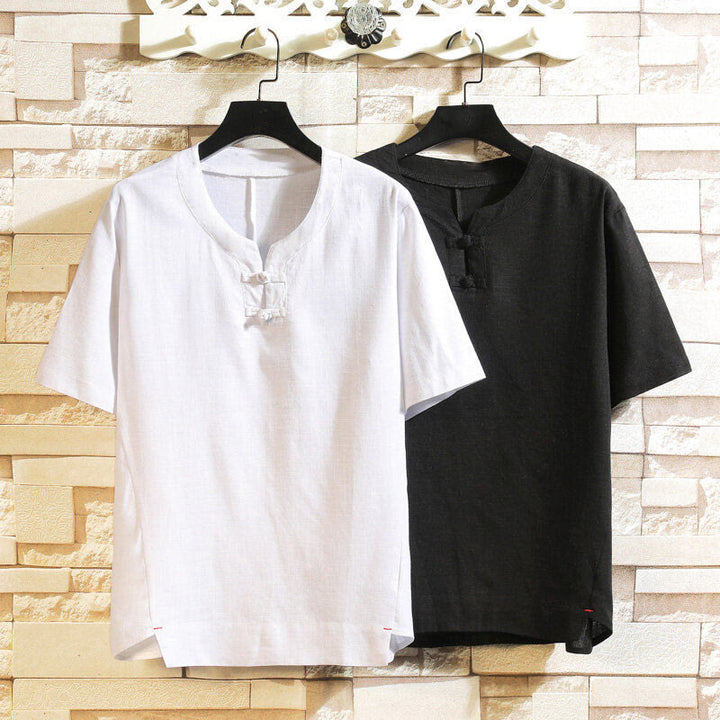 Camisa de lino y algodón de manga corta con botones de rana china de verano para hombre, de color liso, con Buddha Stones - image 12