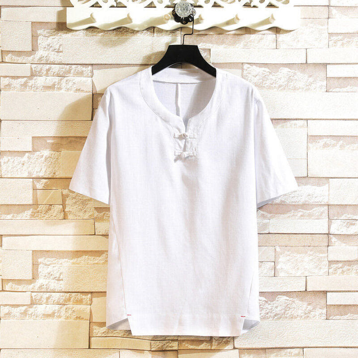 Camisa de lino y algodón de manga corta con botones de rana china de verano para hombre, de color liso, con Buddha Stones - Blanco - US/UK/AU46, EU56 (5XL) - image 8