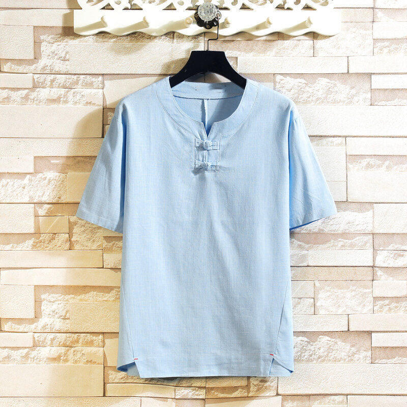 Camisa de lino y algodón de manga corta con botones de rana china de verano para hombre, de color liso, con Buddha Stones - Azul celeste claro - US/UK/AU46, EU56 (5XL) - image 0