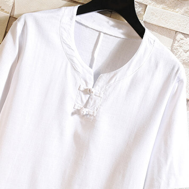 Camisa de lino y algodón de manga corta con botones de rana china de verano para hombre, de color liso, con Buddha Stones - image 9