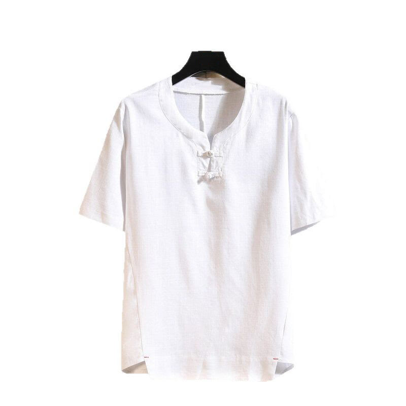 Camisa de lino y algodón de manga corta con botones de rana china de verano para hombre, de color liso, con Buddha Stones - image 10