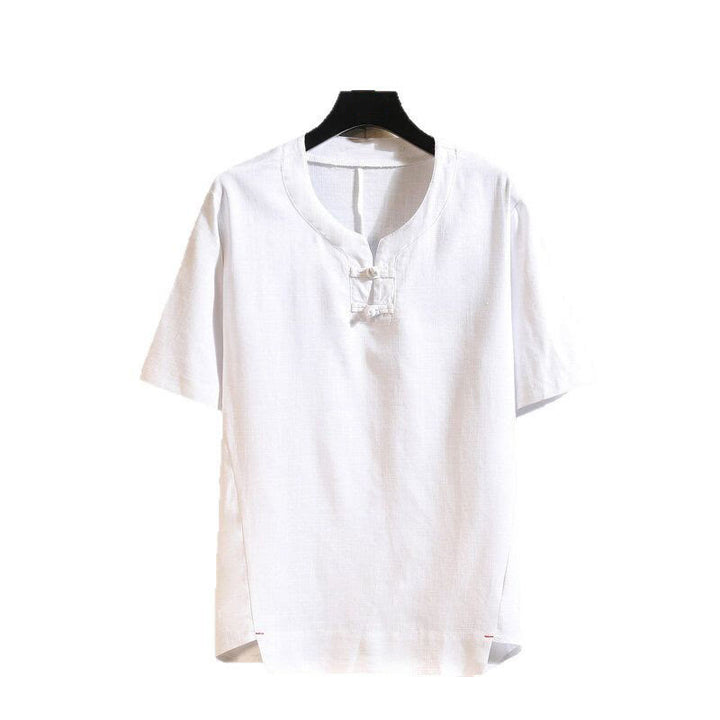 Camisa de lino y algodón de manga corta con botones de rana china de verano para hombre, de color liso, con Buddha Stones - image 10