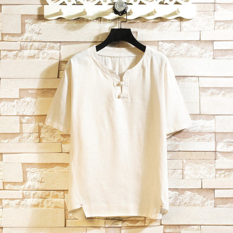 Camisa de lino y algodón de manga corta con botones de rana china de verano para hombre, de color liso, con Buddha Stones - Beige - US/UK/AU46, EU56 (5XL) - image 11