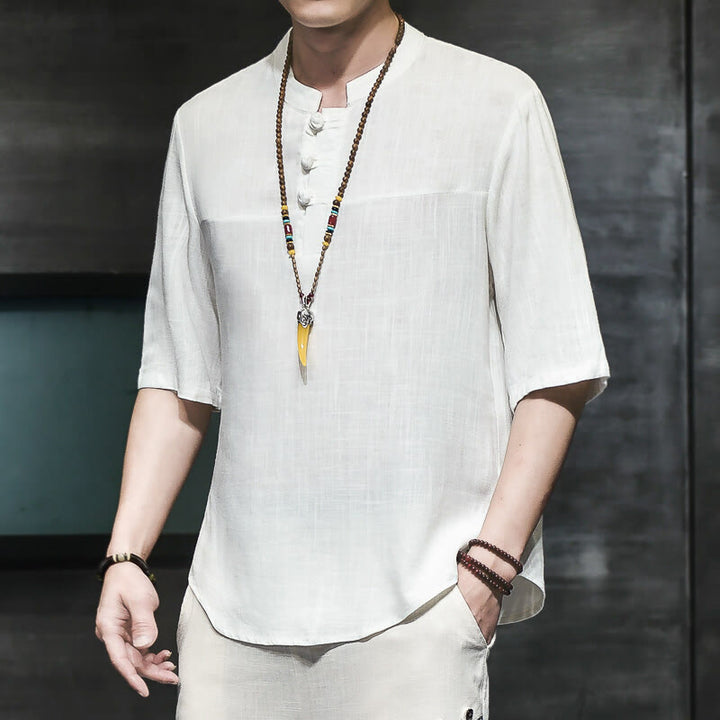 Camiseta de lino y algodón de media manga para hombre, estilo casual vintage con diseño de rana china y Buddha Stones - Blanco - US/UK/AU46, EU56 (5XL) - image 7