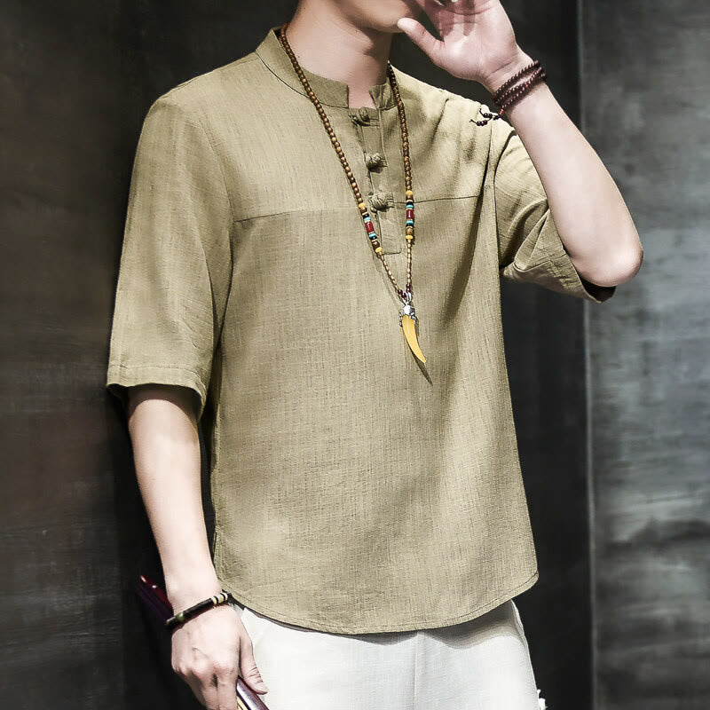 Camiseta de lino y algodón de media manga para hombre, estilo casual vintage con diseño de rana china y Buddha Stones - image 3