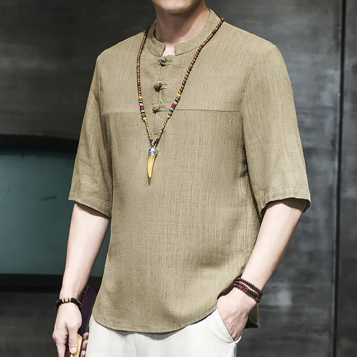 Camiseta de lino y algodón de media manga para hombre, estilo casual vintage con diseño de rana china y Buddha Stones - image 4