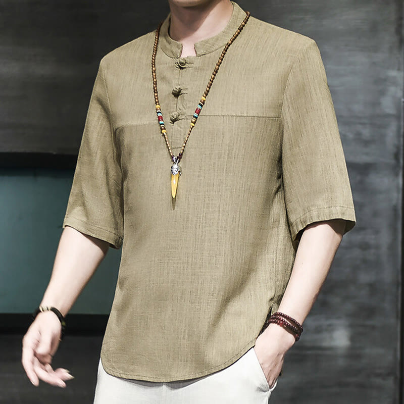 Camiseta de lino y algodón de media manga para hombre, estilo casual vintage con diseño de rana china y Buddha Stones - Caqui oscuro - US/UK/AU46, EU56 (5XL) - image 0