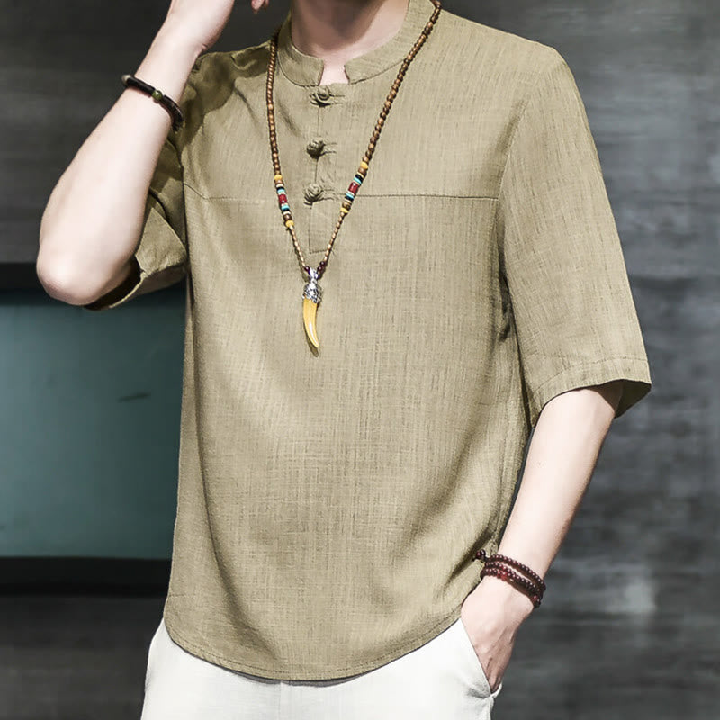 Camiseta de lino y algodón de media manga para hombre, estilo casual vintage con diseño de rana china y Buddha Stones - image 1