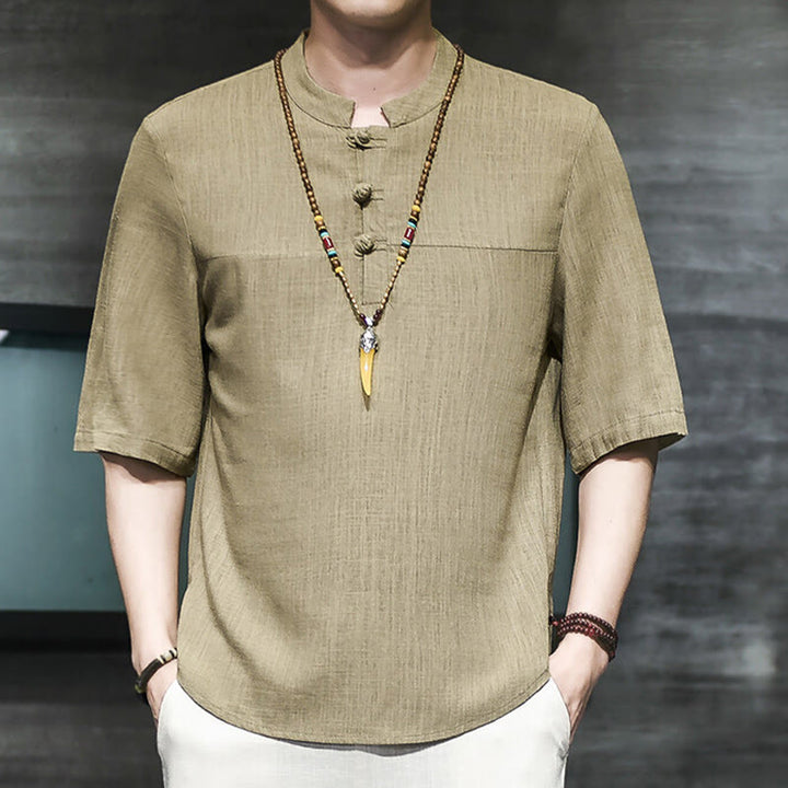 Camiseta de lino y algodón de media manga para hombre, estilo casual vintage con diseño de rana china y Buddha Stones - image 2