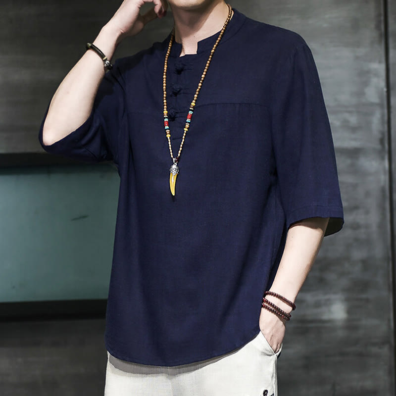 Camiseta de lino y algodón de media manga para hombre, estilo casual vintage con diseño de rana china y Buddha Stones - image 20