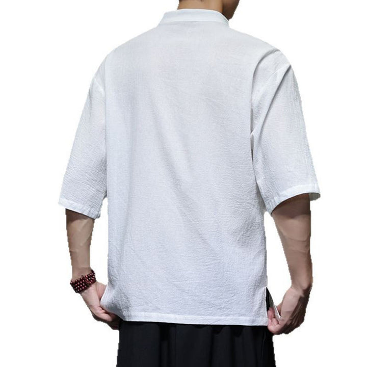 Camisa de lino y algodón para hombre, de manga corta, con cuello alto y botones de rana, estilo chino, con Buddha Stones - image 14