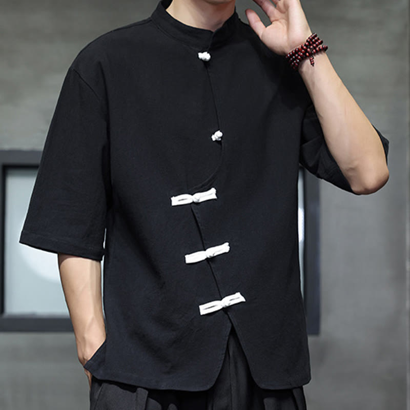 Camisa de lino y algodón para hombre, de manga corta, con cuello alto y botones de rana, estilo chino, con Buddha Stones - Negro - US/UK/AU46, EU56 (5XL) - image 0