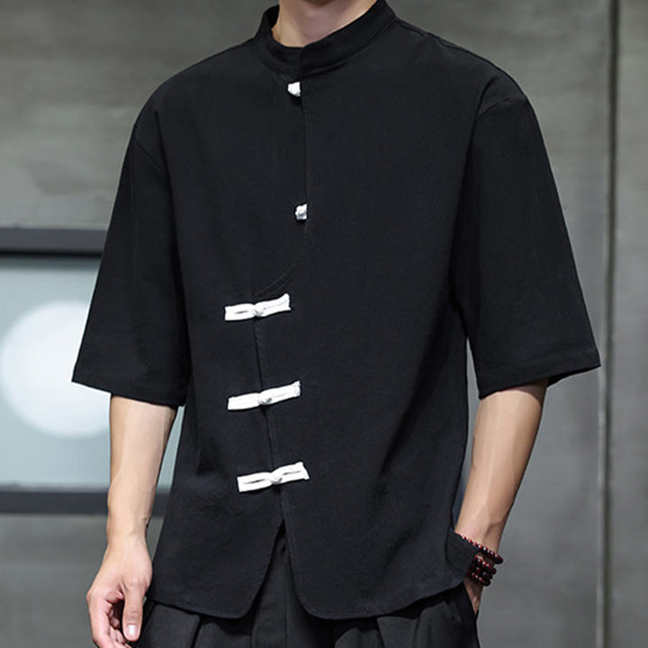 Camisa de lino y algodón para hombre, de manga corta, con cuello alto y botones de rana, estilo chino, con Buddha Stones - image 4