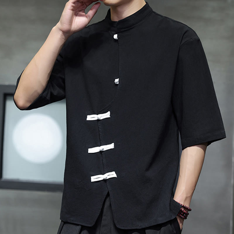 Camisa de lino y algodón para hombre, de manga corta, con cuello alto y botones de rana, estilo chino, con Buddha Stones - image 3