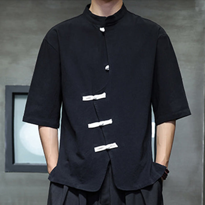 Camisa de lino y algodón para hombre, de manga corta, con cuello alto y botones de rana, estilo chino, con Buddha Stones - image 1