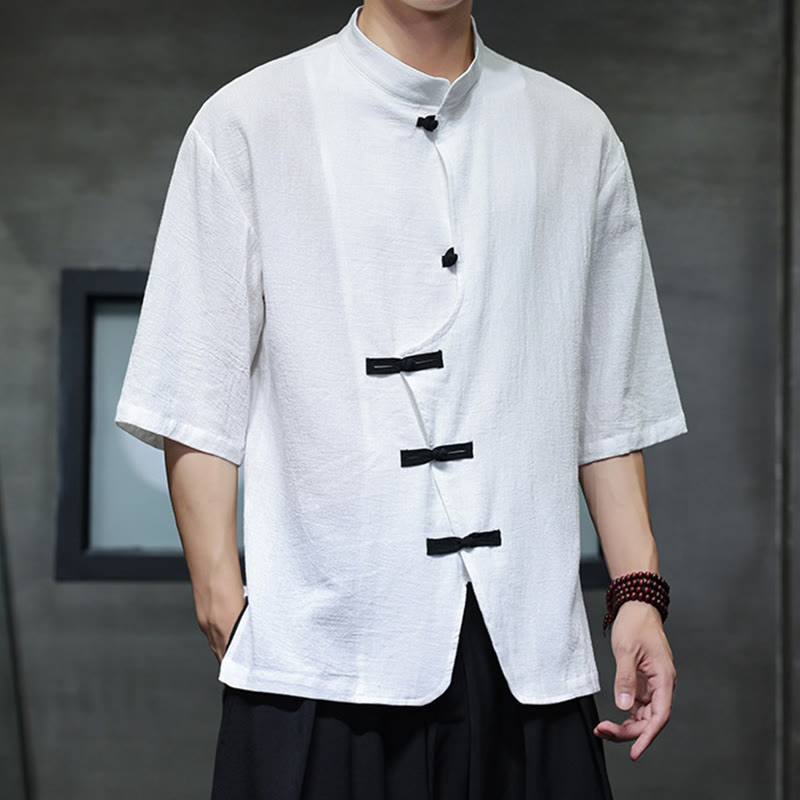Camisa de lino y algodón para hombre, de manga corta, con cuello alto y botones de rana, estilo chino, con Buddha Stones - Blanco - US/UK/AU46, EU56 (5XL) - image 7
