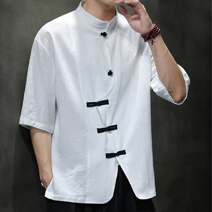 Camisa de lino y algodón para hombre, de manga corta, con cuello alto y botones de rana, estilo chino, con Buddha Stones - image 10