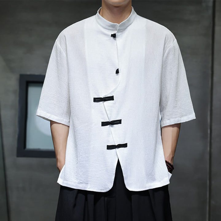 Camisa de lino y algodón para hombre, de manga corta, con cuello alto y botones de rana, estilo chino, con Buddha Stones - image 8