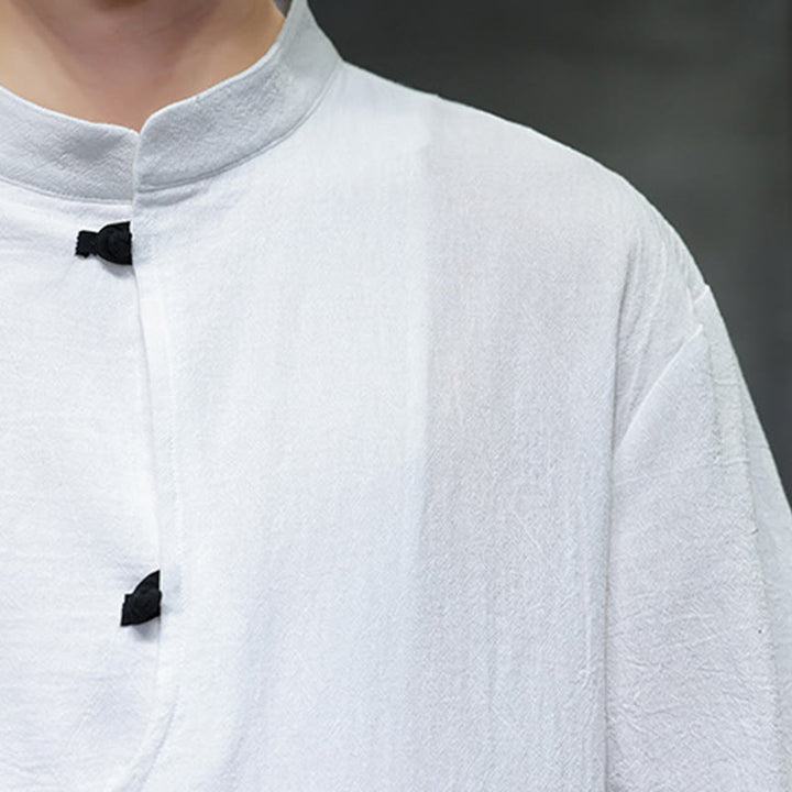 Camisa de lino y algodón para hombre, de manga corta, con cuello alto y botones de rana, estilo chino, con Buddha Stones - image 11