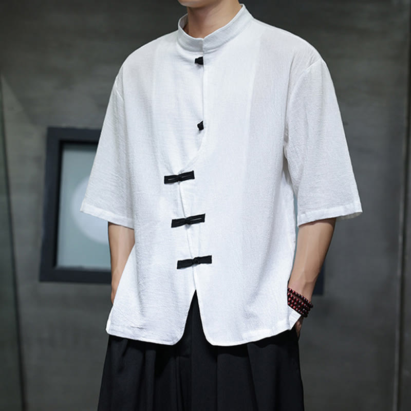 Camisa de lino y algodón para hombre, de manga corta, con cuello alto y botones de rana, estilo chino, con Buddha Stones - image 8
