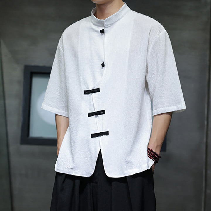 Camisa de lino y algodón para hombre, de manga corta, con cuello alto y botones de rana, estilo chino, con Buddha Stones - image 8