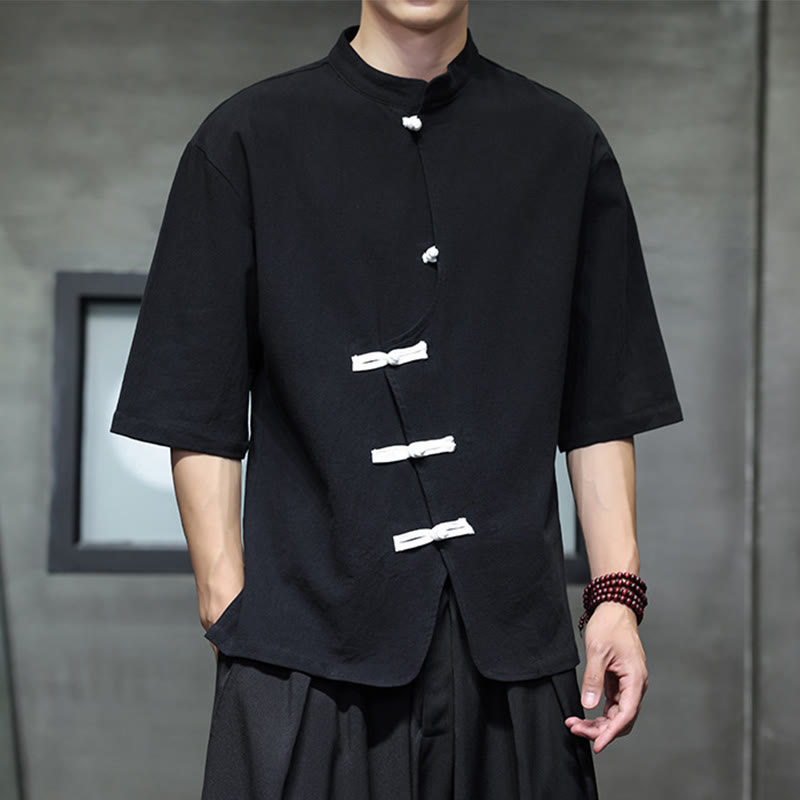 Camisa de lino y algodón para hombre, de manga corta, con cuello alto y botones de rana, estilo chino, con Buddha Stones - image 6