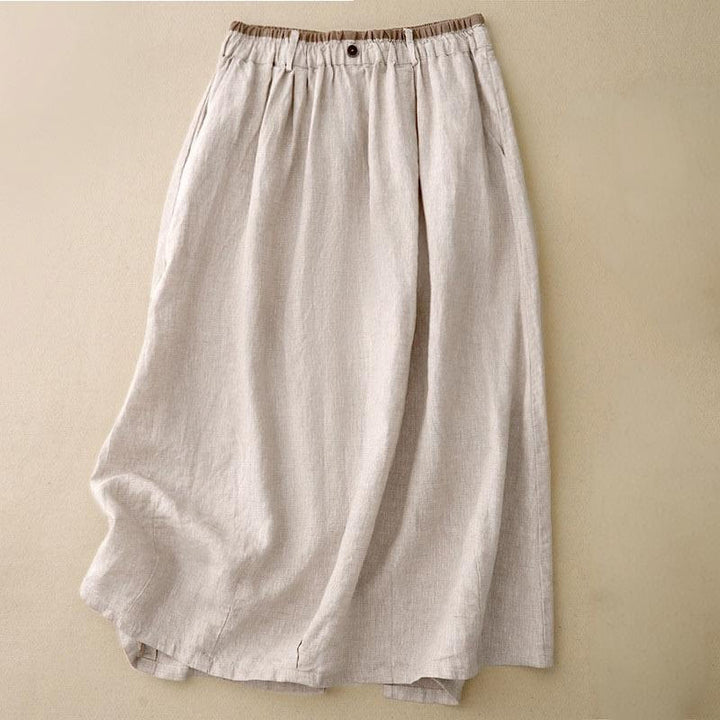 Buddha Stones Falda vintage informal lisa con abertura lateral, cintura elástica, de algodón y lino para mujer, con bolsillos - Beige - US8-10，UK/AU12-14，EU40-42 (2XL) - image 0