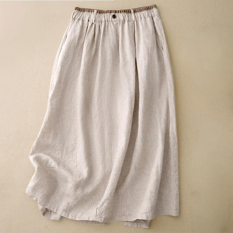 Buddha Stones Falda vintage informal lisa con abertura lateral, cintura elástica, de algodón y lino para mujer, con bolsillos - Beige - US8-10，UK/AU12-14，EU40-42 (2XL) - image 0