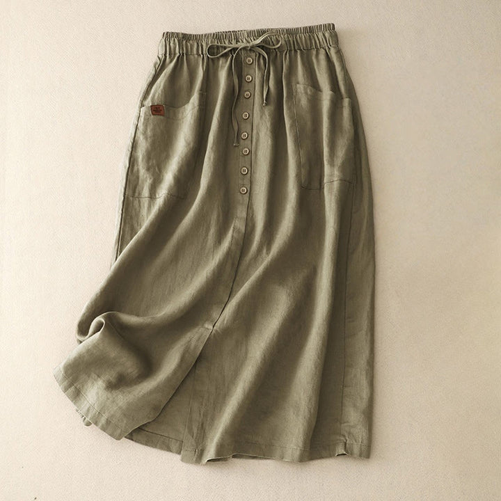Falda de lino y algodón con bolsillos y diseño de abertura con botones y cordones de Buddha Stones Spring para mujer - Verde oliva - US8-10，UK/AU12-14，EU40-42 (2XL) - image 2