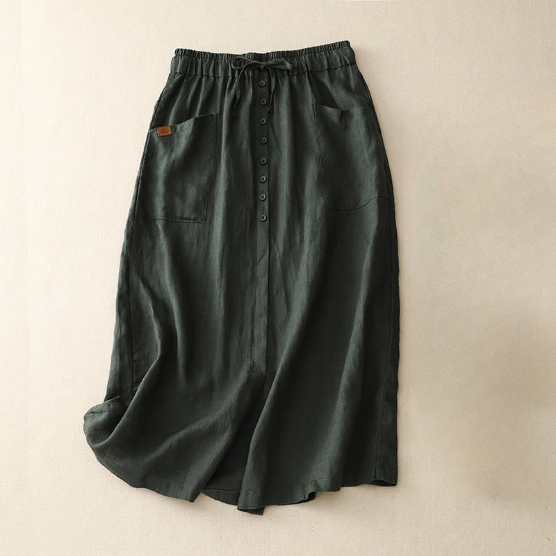 Falda de lino y algodón con bolsillos y diseño de abertura con botones y cordones de Buddha Stones Spring para mujer - Verde oscuro - US8-10，UK/AU12-14，EU40-42 (2XL) - image 7