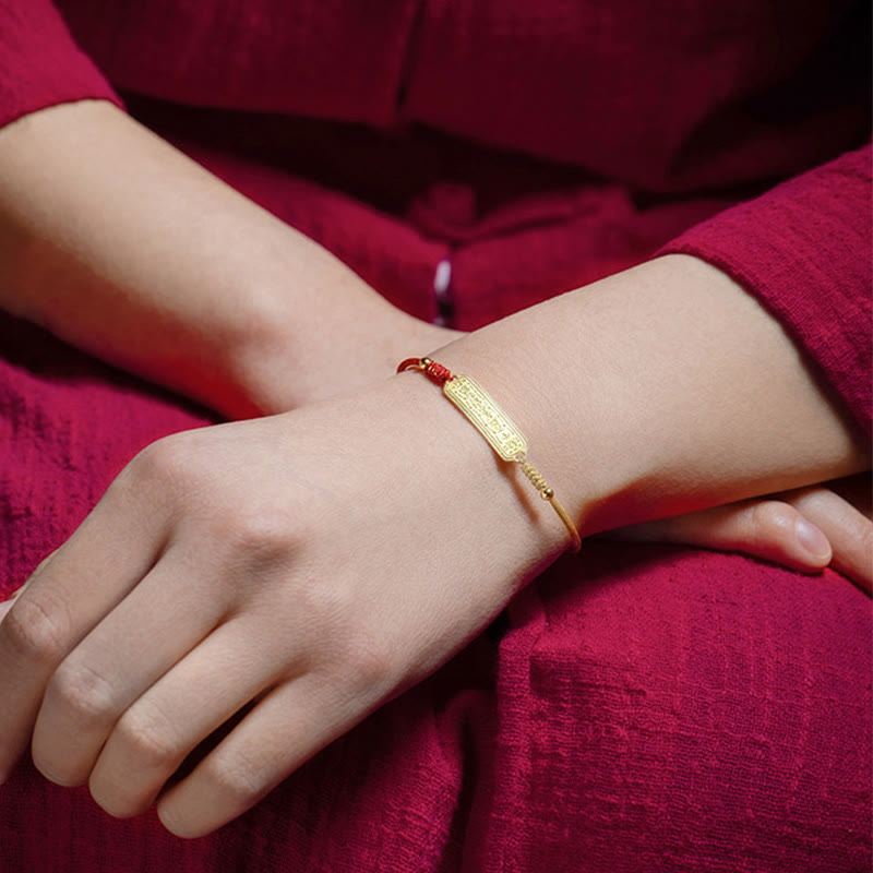 Pulsera de cuerda dorada roja con amuleto protector de cobre bañado en oro de 14 quilates con Buddha Stones