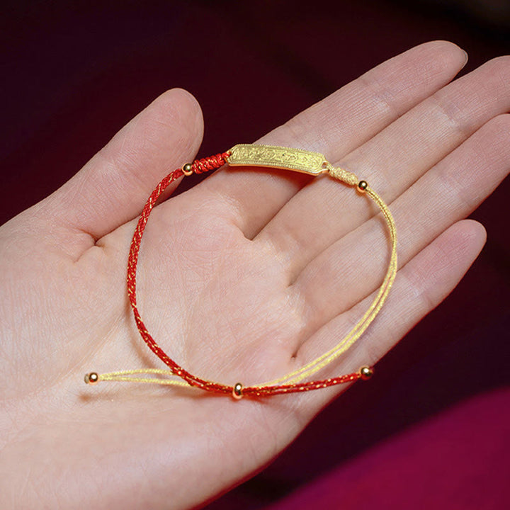 Pulsera de cuerda dorada roja con amuleto protector de cobre bañado en oro de 14 quilates con Buddha Stones