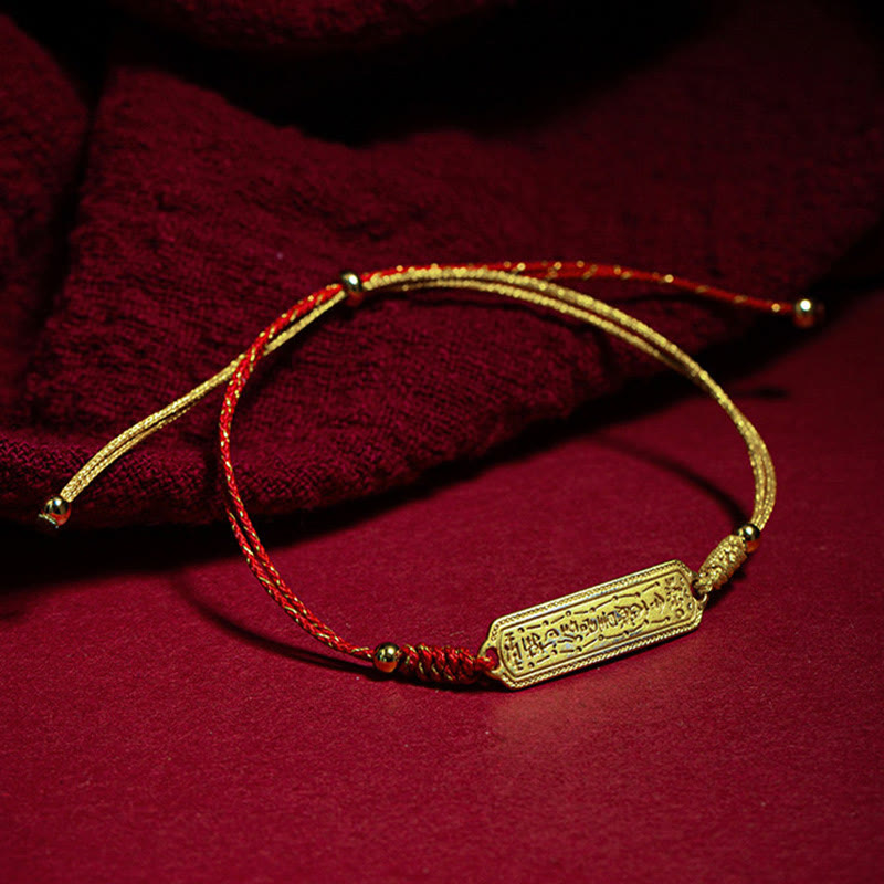 Pulsera de cuerda dorada roja con amuleto protector de cobre bañado en oro de 14 quilates con Buddha Stones