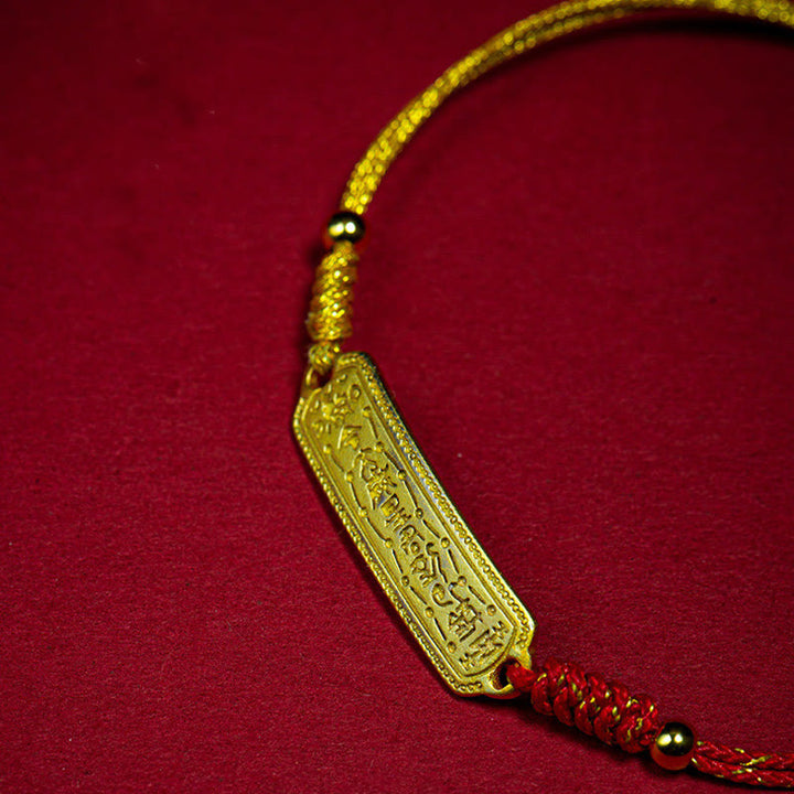 Pulsera de cuerda dorada roja con amuleto protector de cobre bañado en oro de 14 quilates con Buddha Stones