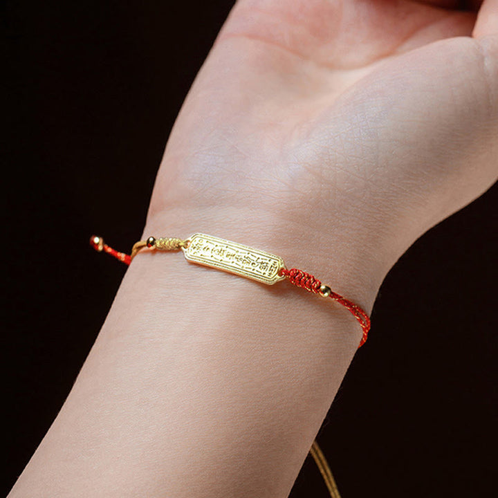 Pulsera de cuerda dorada roja con amuleto protector de cobre bañado en oro de 14 quilates con Buddha Stones