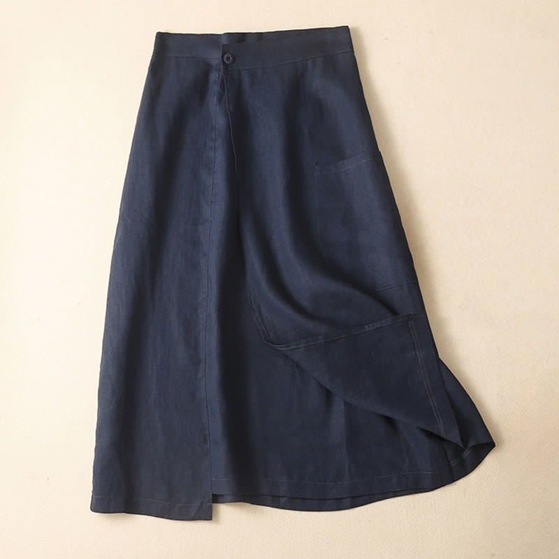 Falda de lino y algodón para mujer, estilo vintage de verano, asimétrica, de cintura alta y con bolsillos, de Buddha Stones - Azul medianoche - US8-10，UK/AU12-14，EU40-42 (2XL) - image 3