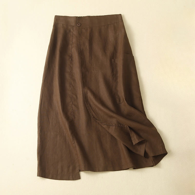 Falda de lino y algodón para mujer, estilo vintage de verano, asimétrica, de cintura alta y con bolsillos, de Buddha Stones - Marrón silla de montar - US8-10，UK/AU12-14，EU40-42 (2XL) - image 0