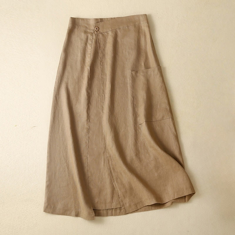 Falda de lino y algodón para mujer, estilo vintage de verano, asimétrica, de cintura alta y con bolsillos, de Buddha Stones - Vara de oro oscuro - US8-10，UK/AU12-14，EU40-42 (2XL) - image 9