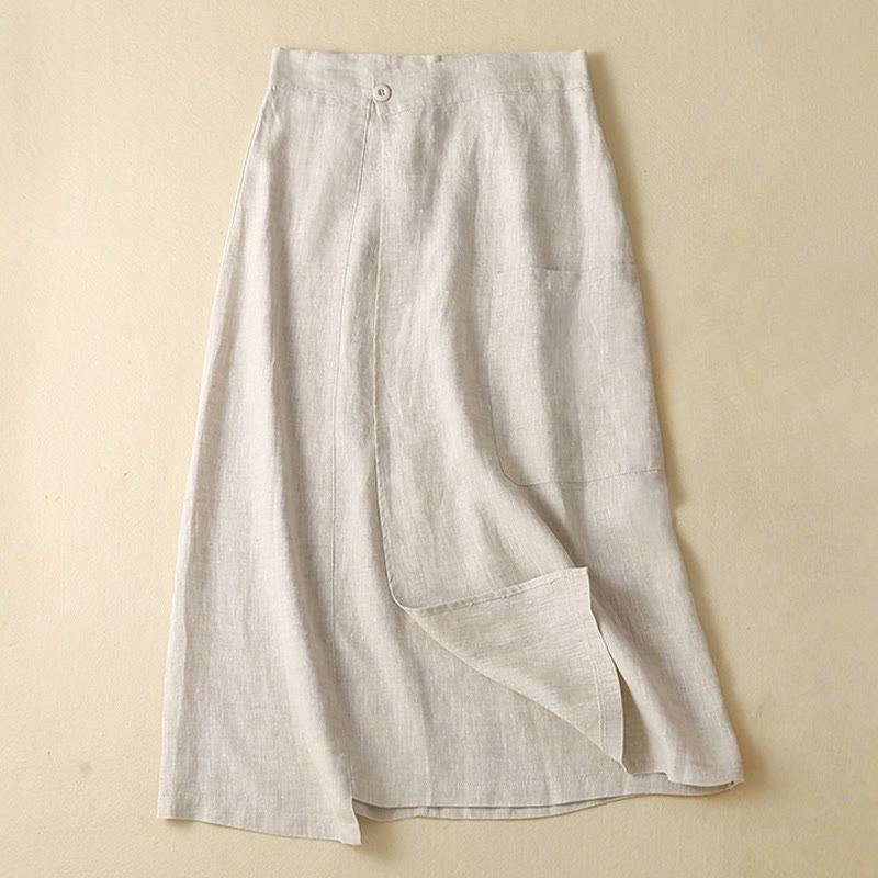 Falda de lino y algodón para mujer, estilo vintage de verano, asimétrica, de cintura alta y con bolsillos, de Buddha Stones - Beige - US8-10，UK/AU12-14，EU40-42 (2XL) - image 15