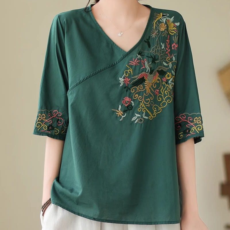 Camiseta de algodón de media manga para mujer con diseño de cuello en V y diseño de Buddha Stones , informal, con bordado colorido, plantas y pájaros - image 1