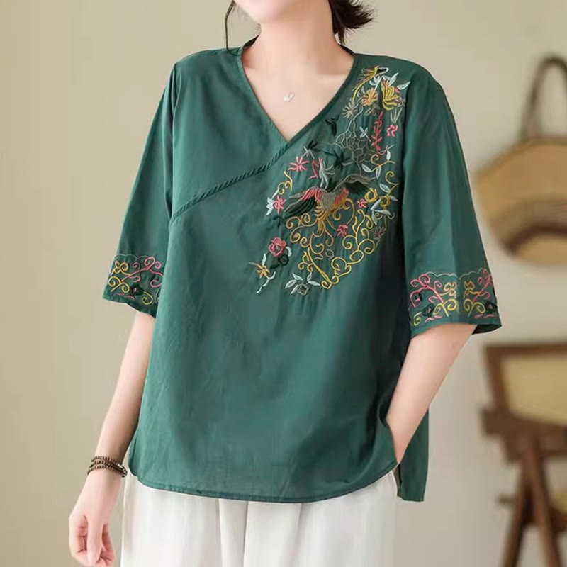 Camiseta de algodón de media manga para mujer con diseño de cuello en V y diseño de Buddha Stones , informal, con bordado colorido, plantas y pájaros - Verdemar - US12, UK/AU16, EU44 (3XL) - image 0