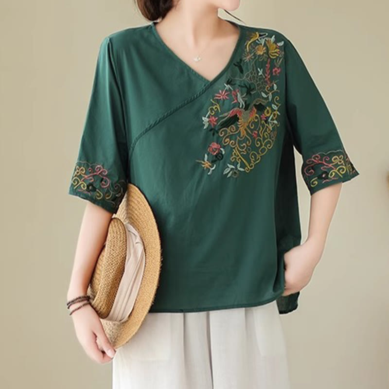Camiseta de algodón de media manga para mujer con diseño de cuello en V y diseño de Buddha Stones , informal, con bordado colorido, plantas y pájaros - image 3